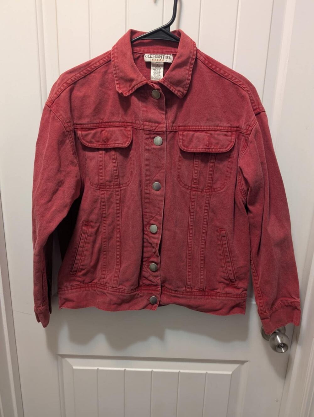 Clementine Red Button Down Crop Jean Jacket Garment-Dyed Size S 100% Cotton